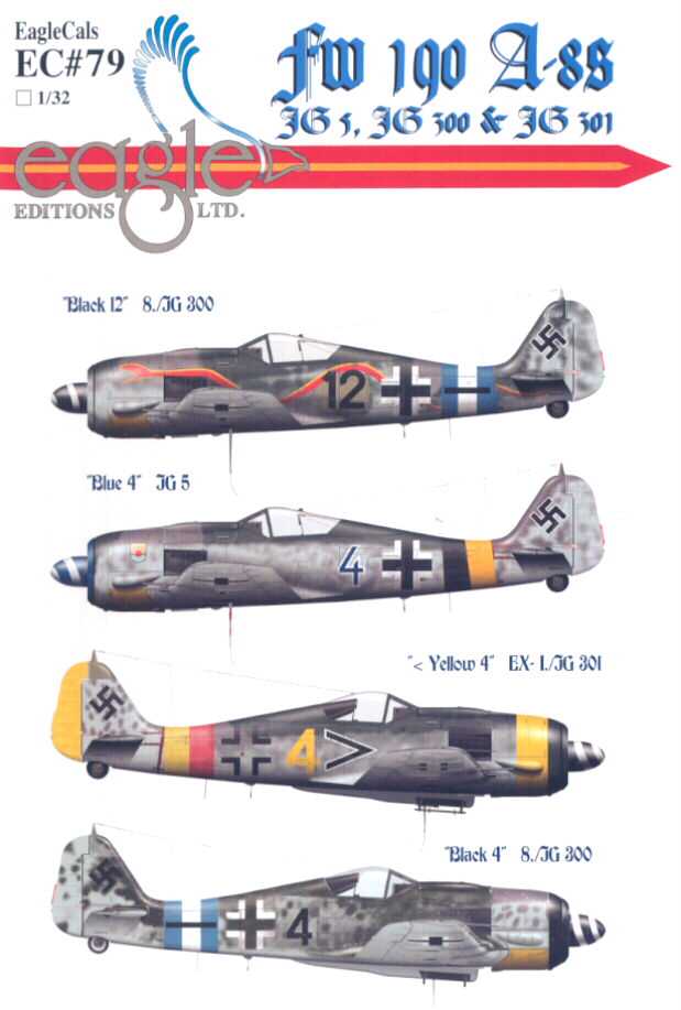 Eaglecals Decals 1 32 Focke Wulf Fw 190a 8 Fighter Jg5 Jg300 And Jg301 Ebay